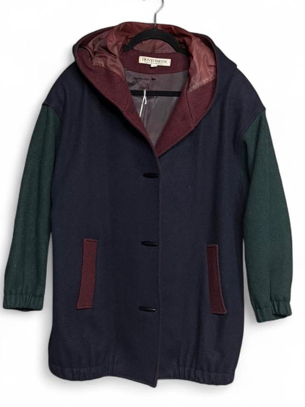 90s Donny Brook Made In USA Color Blocked Blue, Red, & Green Hooded Duffle Coat